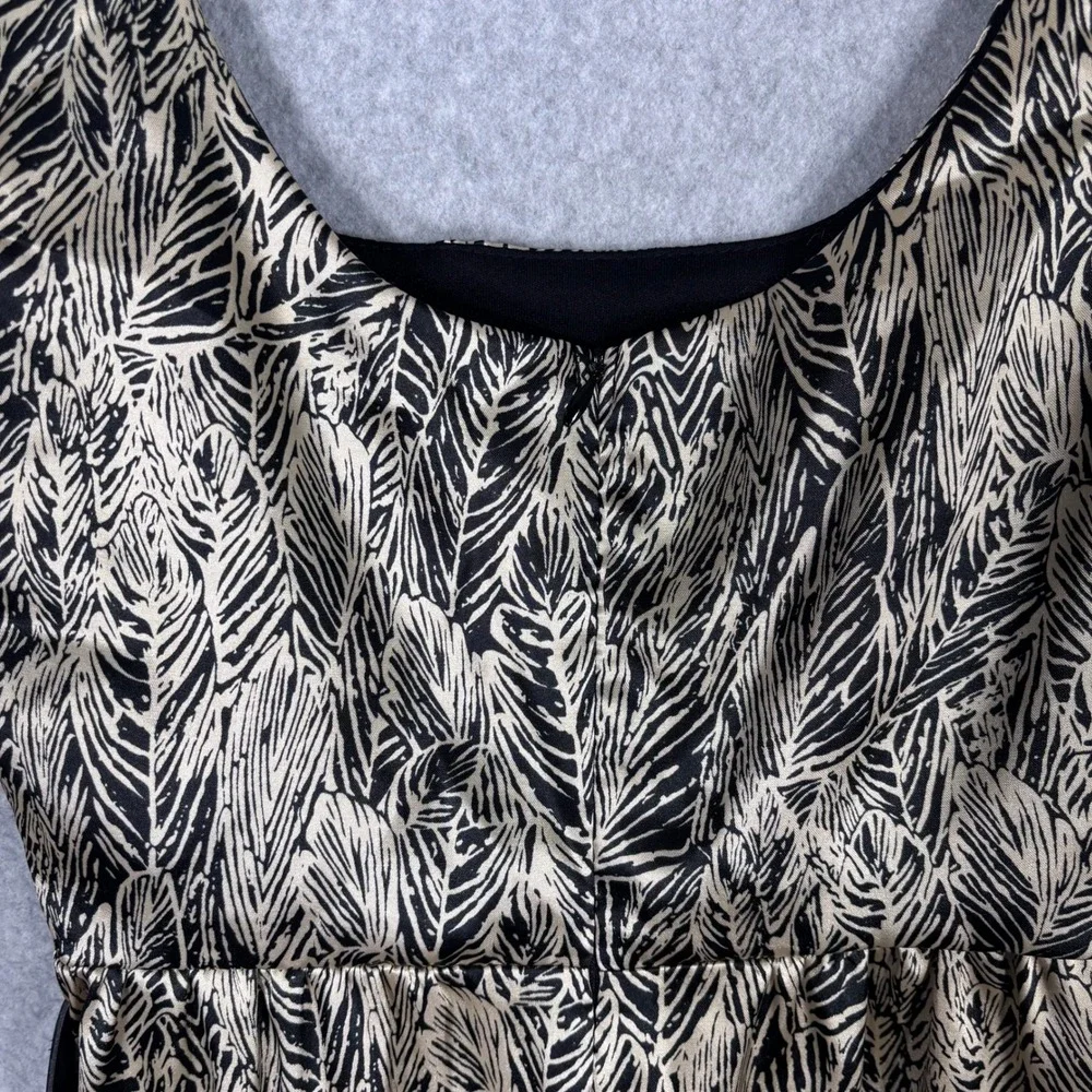 Y2K Vintage XXI Satin Mini Dress Small Black Tan Feather Print Belted Glam Party